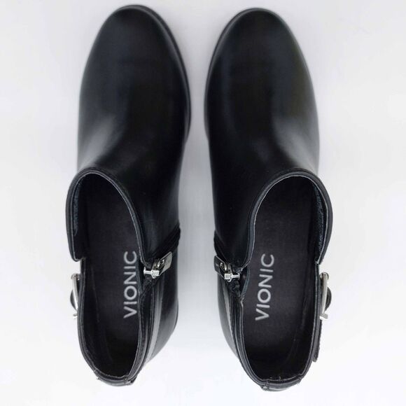 Vionic Millie Black Leather Ankle Booties Women’s 7.5 Side Zip Buckle Low Block - Picture 10 of 11